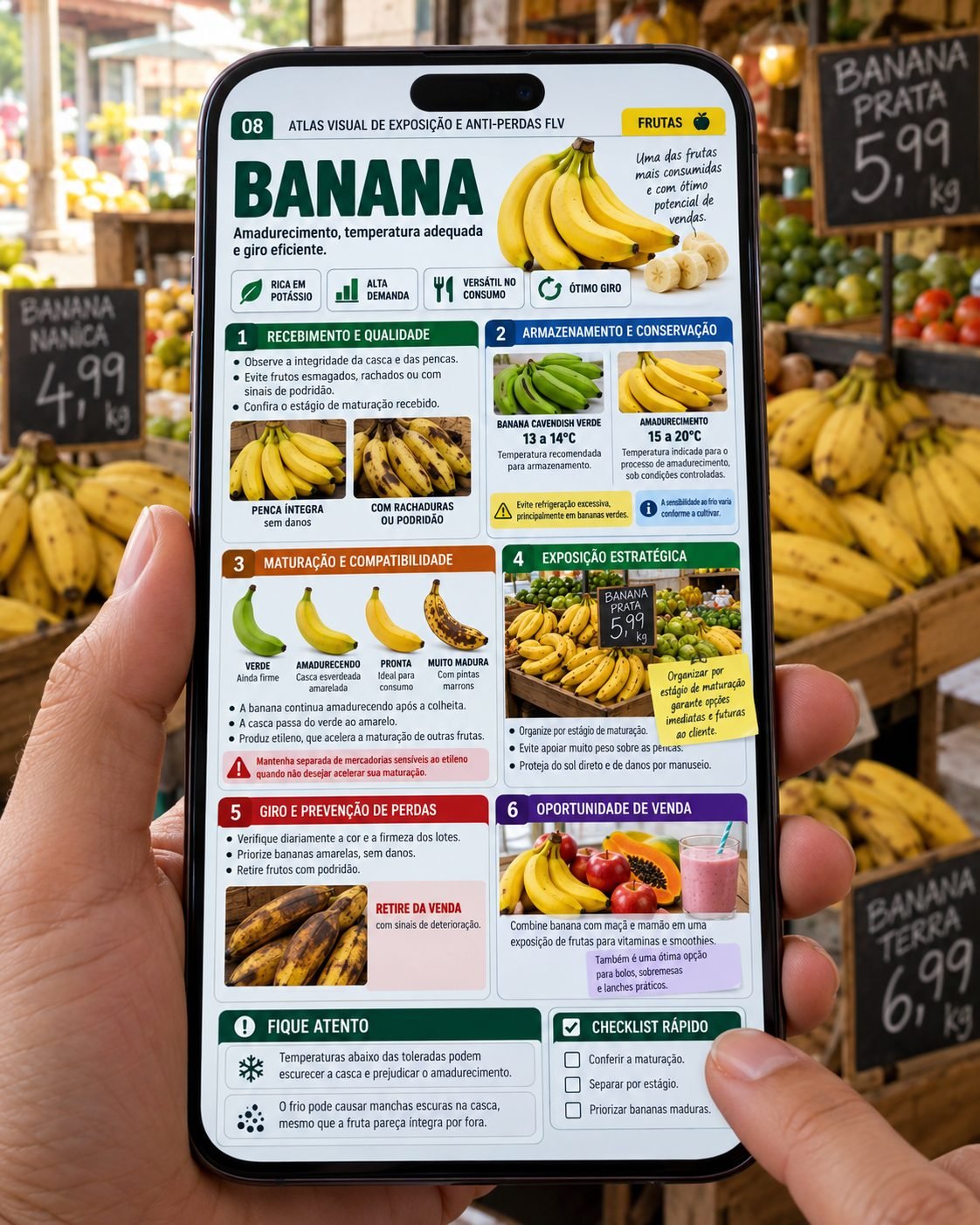 Ficha da Banana do Atlas aberta no celular, consultada em frente à banca do hortifruti