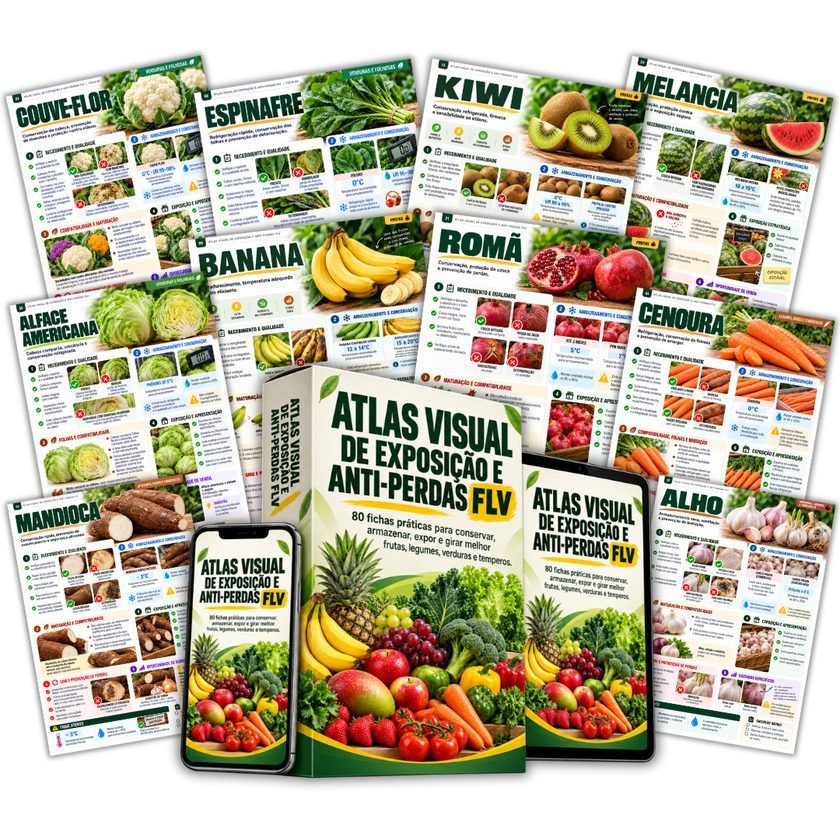 Atlas Visual de Exposição e Anti-Perdas FLV: capa e exemplos das fichas visuais de frutas, legumes, verduras e temperos